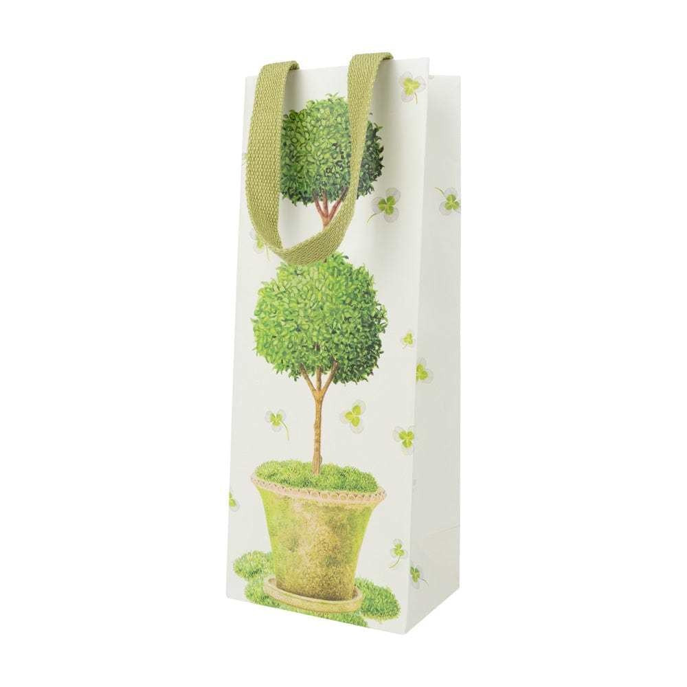 Potted topiary bottle bag with cheerful green foliage print on durable paper featuring a strong carrying handle.