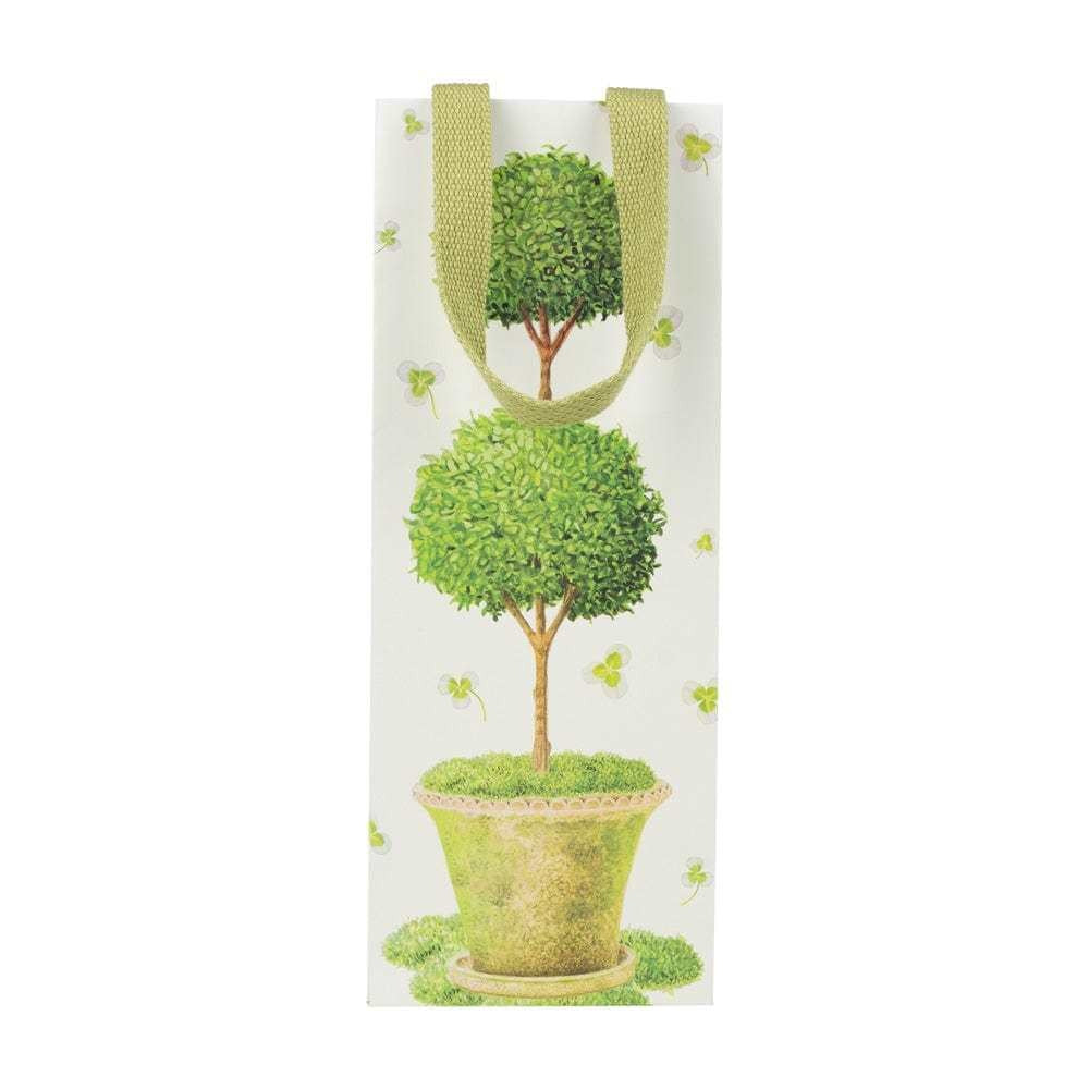 Potted topiary bottle bag with cheerful green foliage print on durable paper featuring a strong carrying handle.