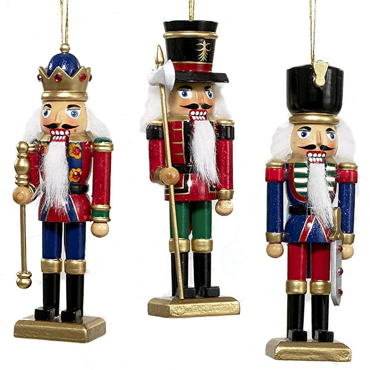 Three 5-inch wooden nutcracker ornaments in red, blue, and green with gold accents and white beards.