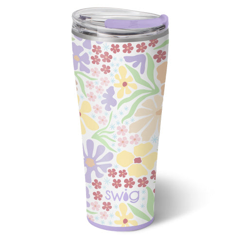 32oz stainless steel tumbler with a floral pattern in pastel colors and a purple lid.