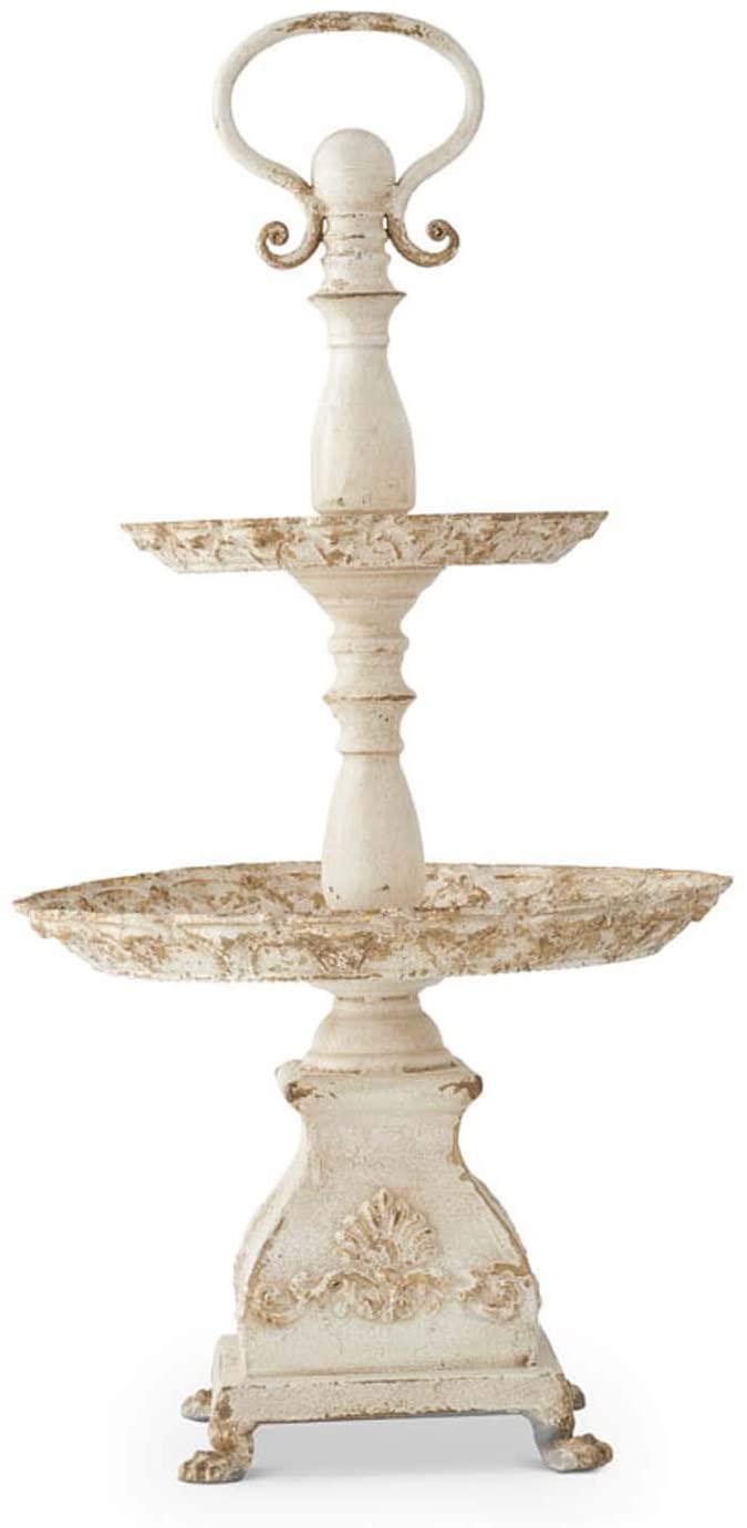 Two-tiered tabletop tray with a natural wood finish.