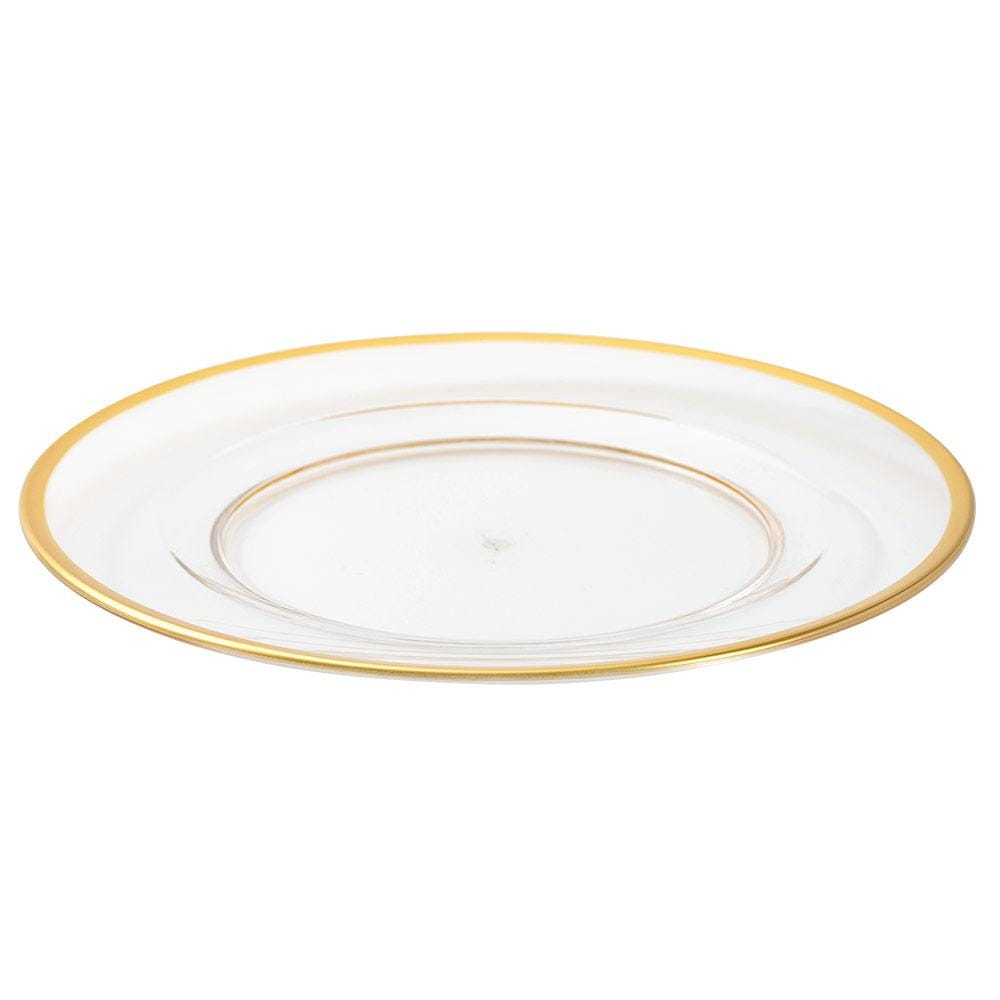 Clear acrylic charger plate with a gold rim, 12-inch diameter.