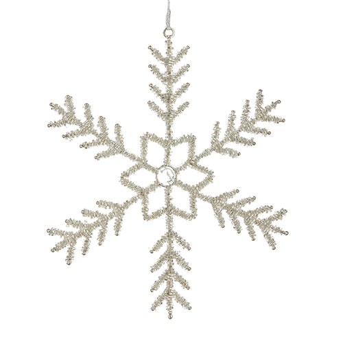 9-inch silver beaded snowflake ornament made of glass and iron with a hanging loop.