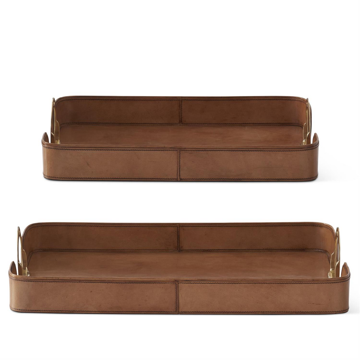 Two brown leather nesting trays with brass handles, shown in small and large sizes.