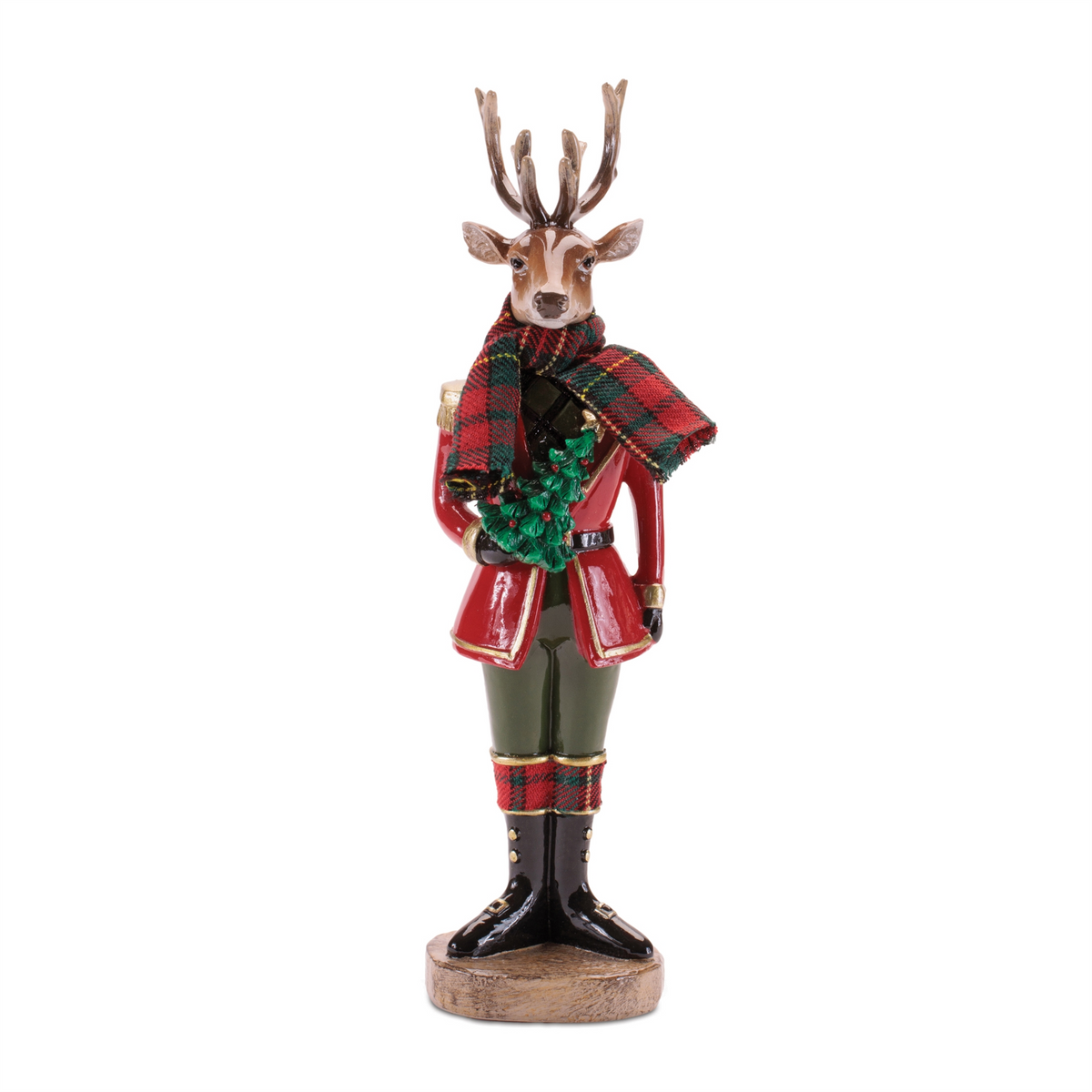 Resin deer soldier figurine in a red uniform and plaid scarf holding a small Christmas tree.