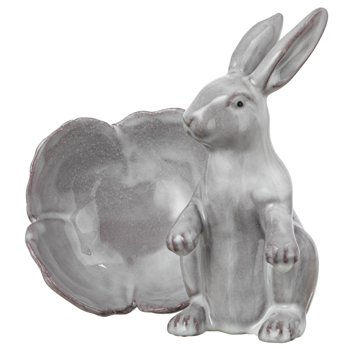 Stoneware rabbit figurine holding a flower-shaped bowl in natural tones.