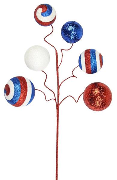 Red swirl glitter ball pick with blue accents on white styrofoam base