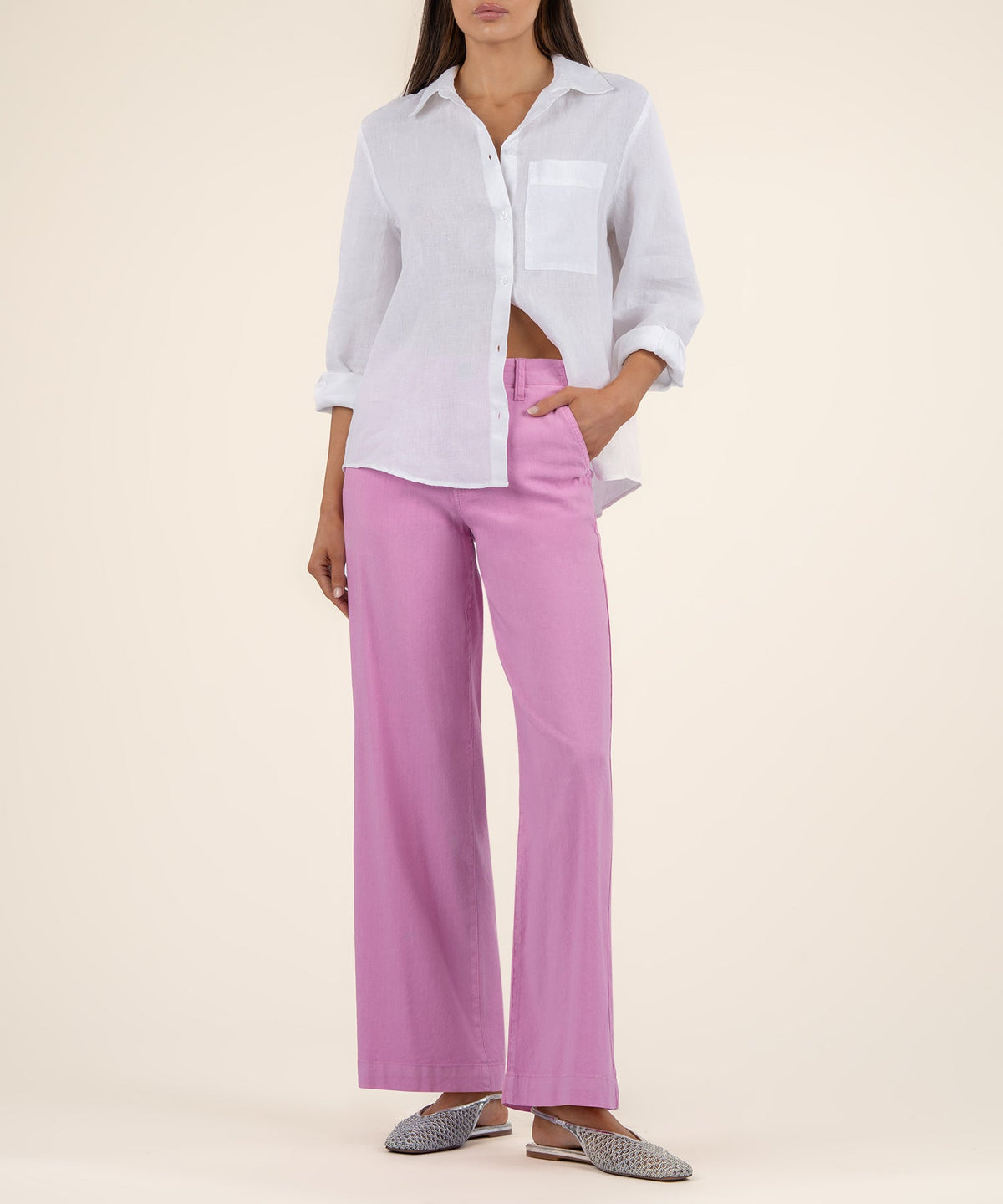 Meg Linen high rise wide leg pants in soft beige with a relaxed silhouette.