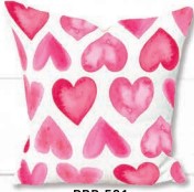 Pink watercolor heart pattern on a square decorative pillow.