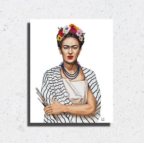 Frida Kahlo painting with flowers in hair, striped jacket, and holding paintbrushes.