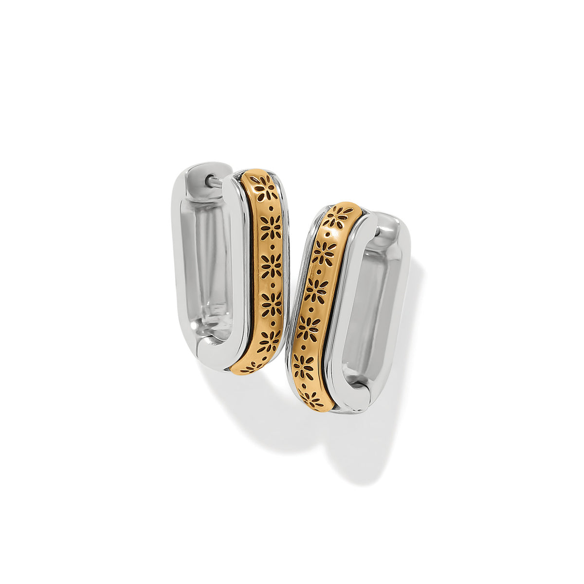 Mosaic two-tone silver and gold hinged rectangular hoop earrings with floral engravings.