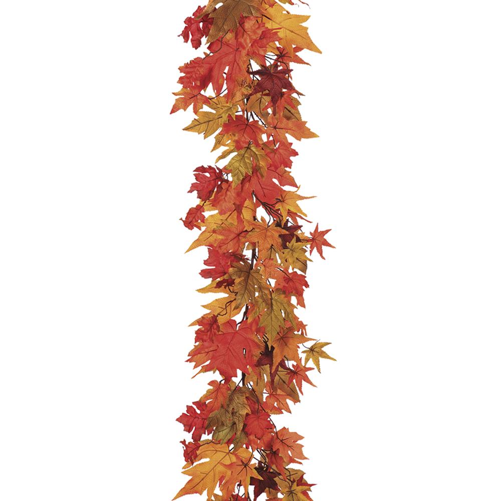 72-inch maple leaf garland with fabric leaves in autumn shades of red, orange, and yellow.