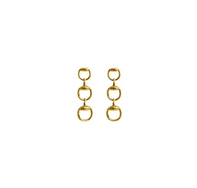Triple-link horsebit dangle earrings in a polished gold finish.