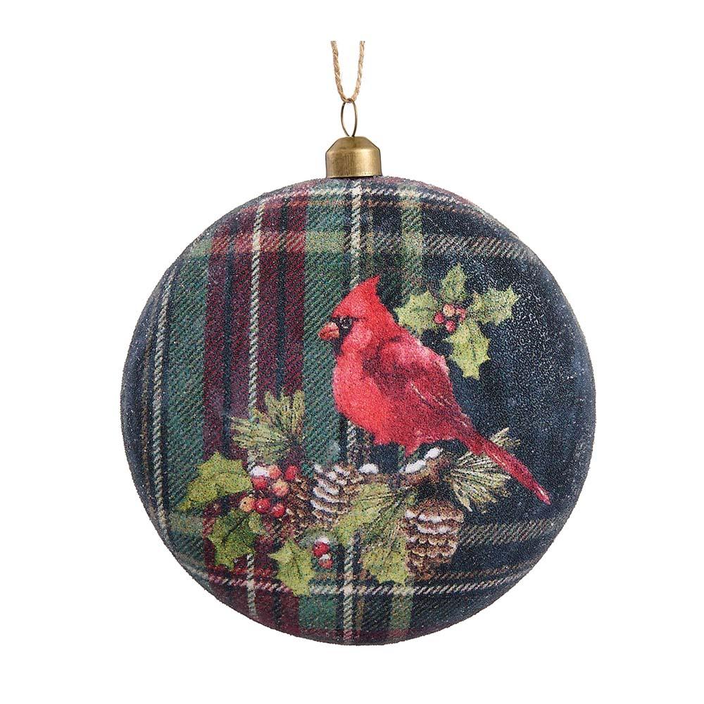 4.5-inch beaded plastic disc ornament with a red cardinal on a green and red plaid background.