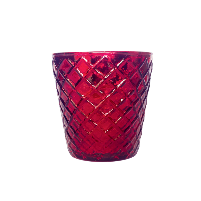 Ruby red embossed mercury glass votive holder with a diamond pattern texture.
