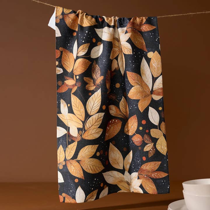Recycled polyester waffle weave tea towel with single-sided print.
