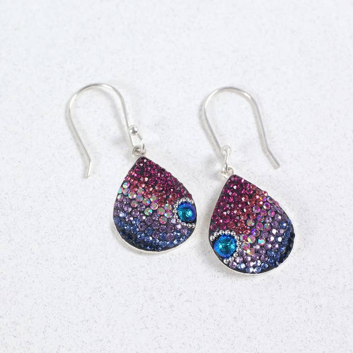 Teardrop mosaic earrings featuring sterling silver hooks and colorful Austrian crystal pavé.
