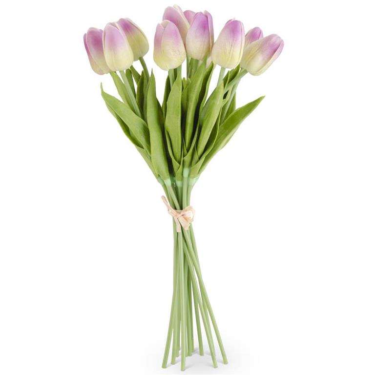 Bundle of three black polyurethane tulips with green leaves on a white background.