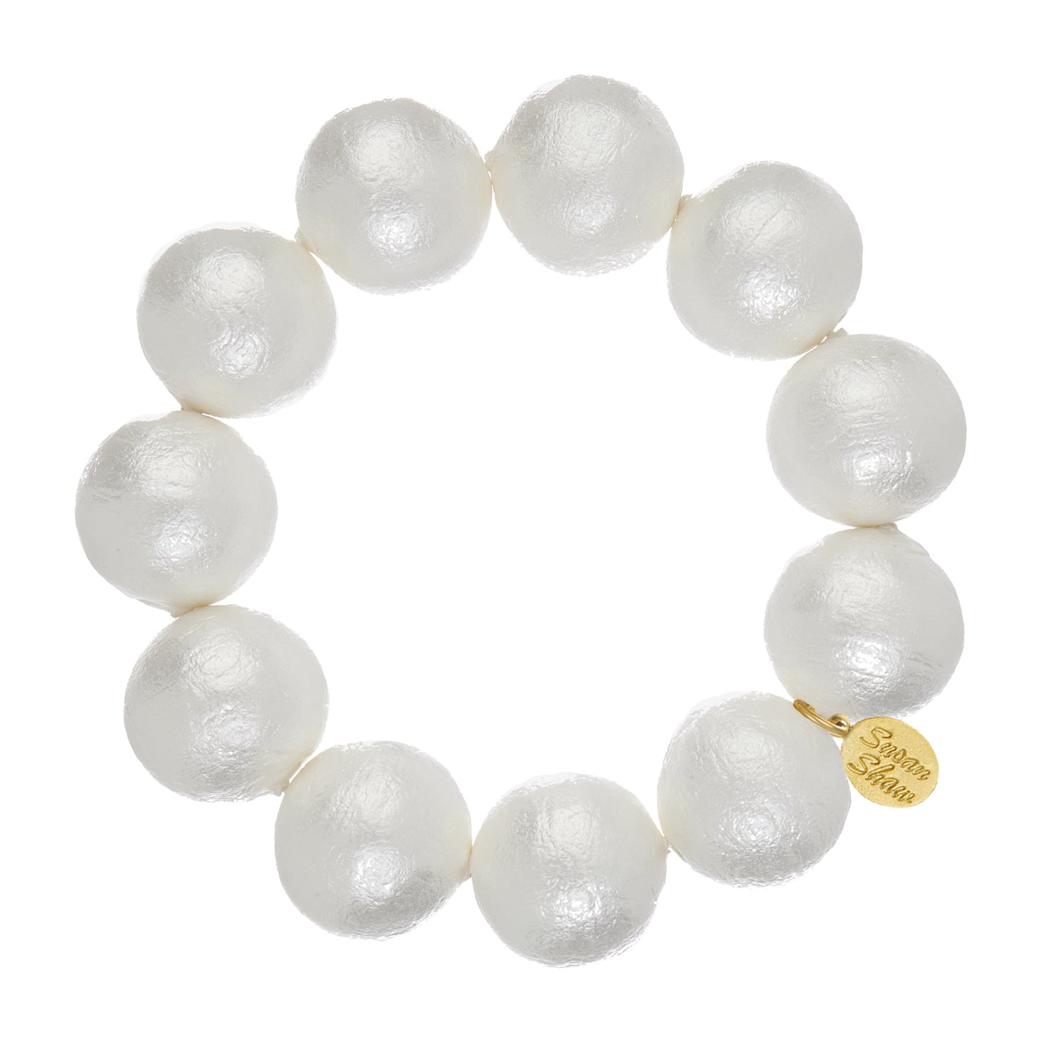 Large white cotton pearl stretch bracelet with a small gold logo charm.