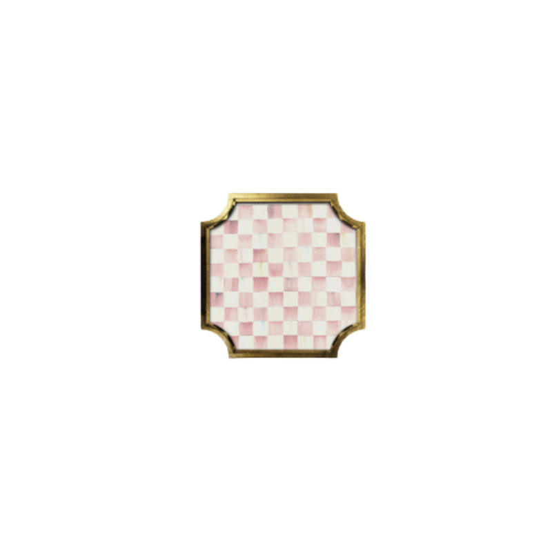 Square stackable trinket tray with a pink and white checkered pattern and gold leaf edges.