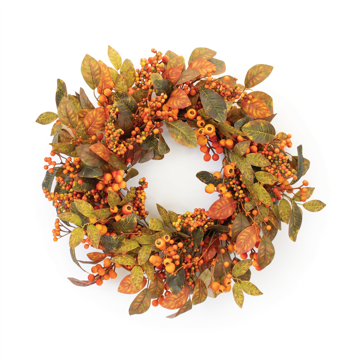 24-inch mixed berry wreath with autumn leaves in orange, red, and green on a twig base.