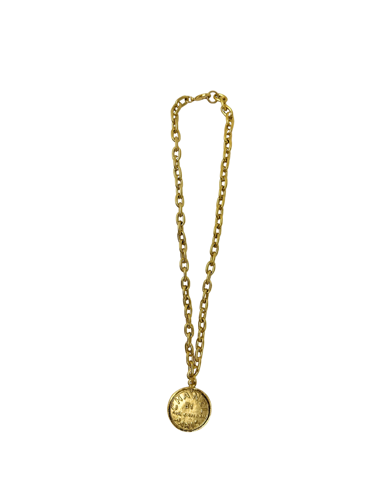 18-inch gold link chain necklace featuring a round coin pendant with embossed text.