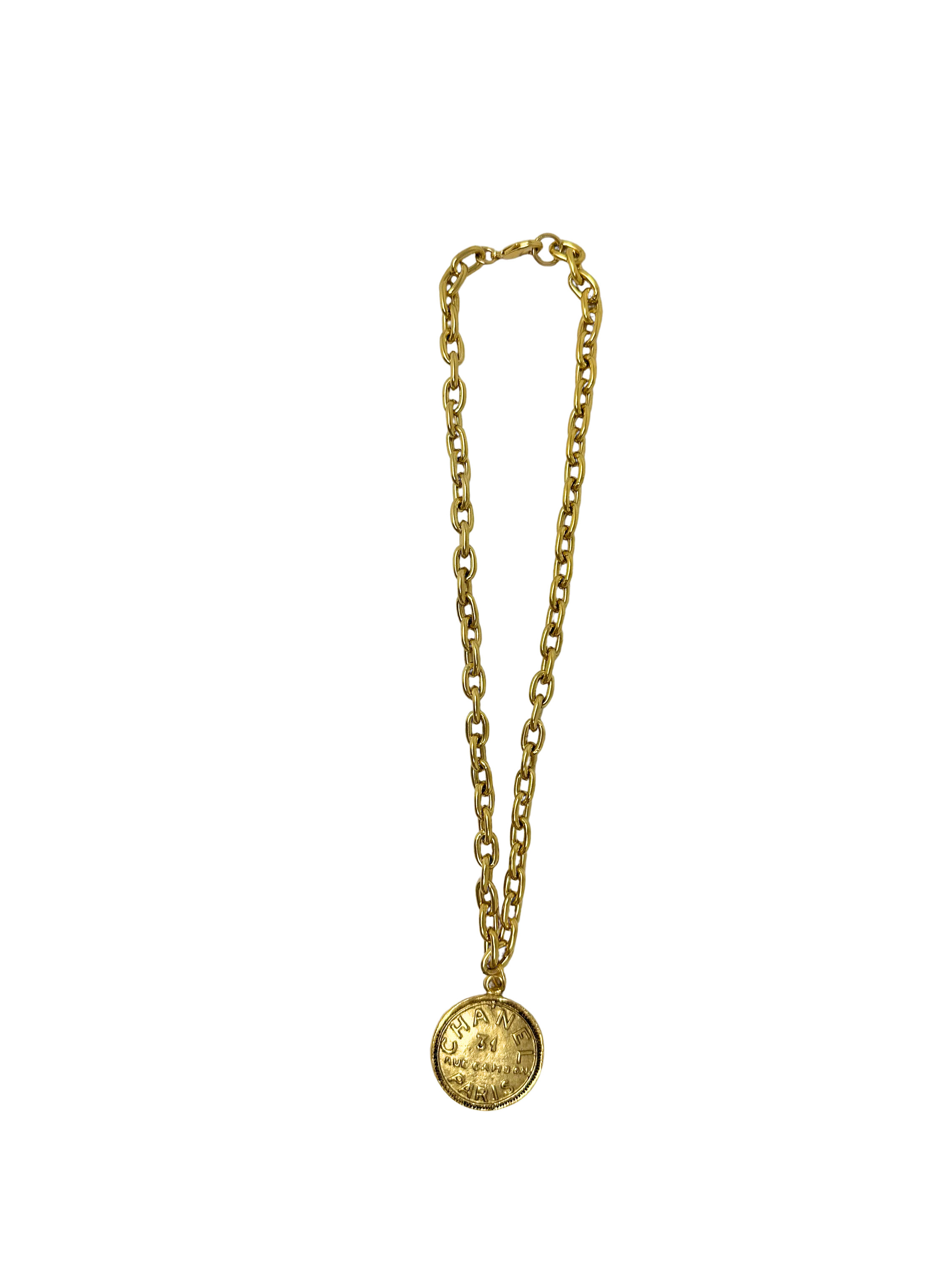 18-inch gold link chain necklace featuring a round coin pendant with embossed text.