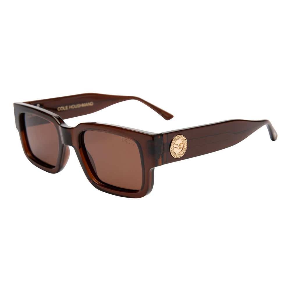 Cole Houshmand rectangular sunglasses in taupe with brown polarized lenses and gold temple detail.