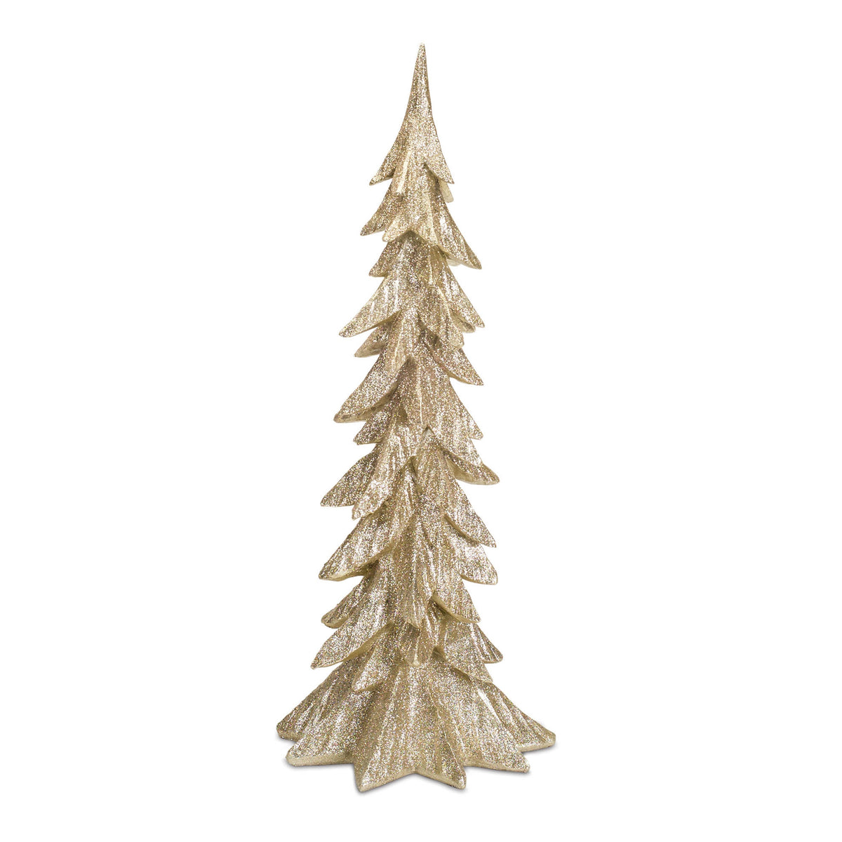 A tall, slender decorative champagne gold glitter Christmas tree figurine on a white background.