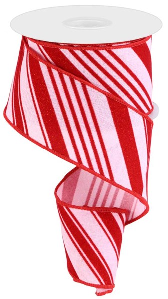 Roll of glitter velvet ribbon with diagonal stripes in purple and silver.