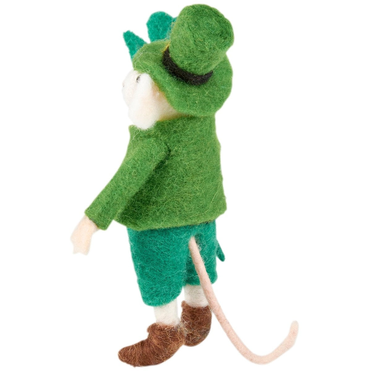 St. Patrick's Day felt mouse figurine with green accents on a white background.