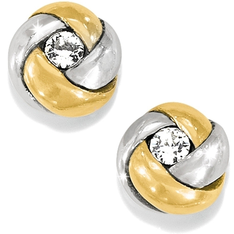 Silver and gold twisted mini post earrings featuring a pinwheel crystal center