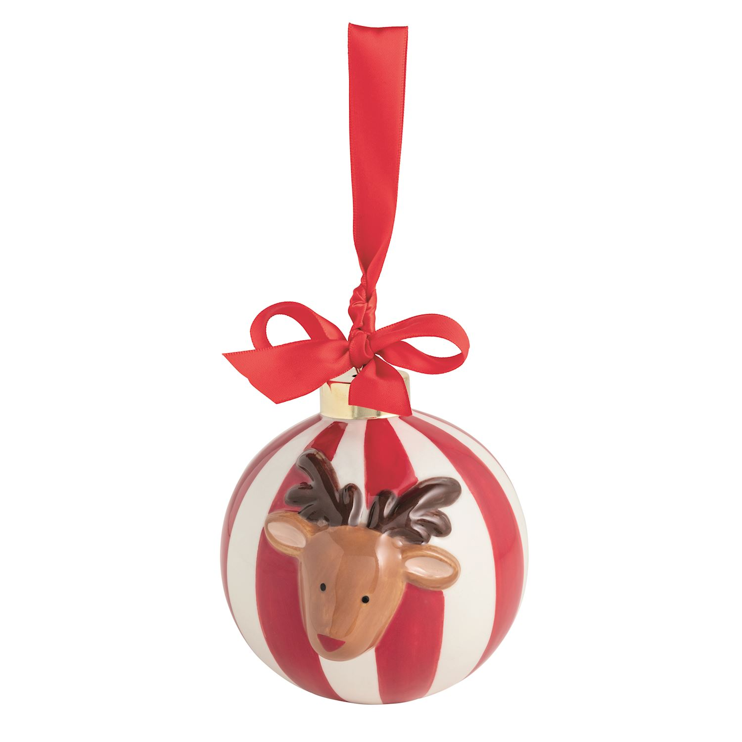 Whimsy ceramic ball ornament with red and white stripes, a reindeer face, and a red satin bow.