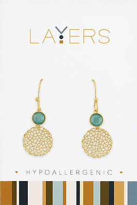 Gold Pacific Opal dangle earrings featuring delicate mesh layers with a shimmering opalescent finish.