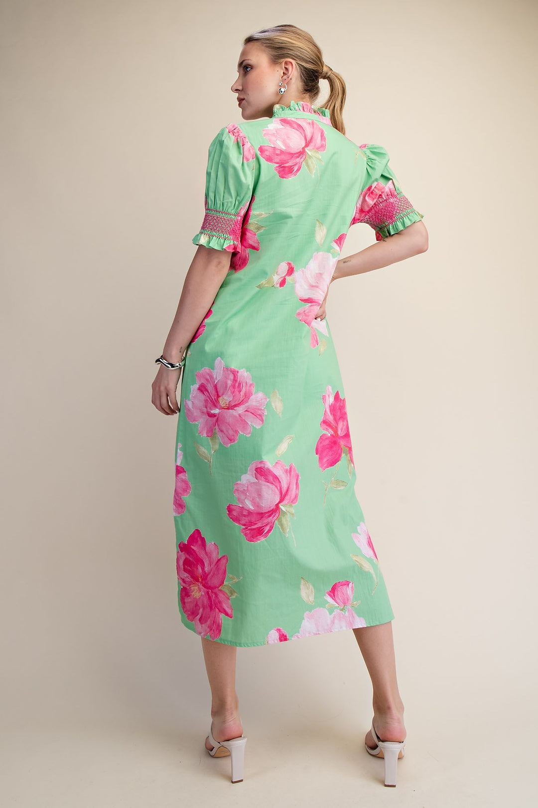 Megan Ruffle Neck Puff Sleeve Button Placket Floral Midi Dress