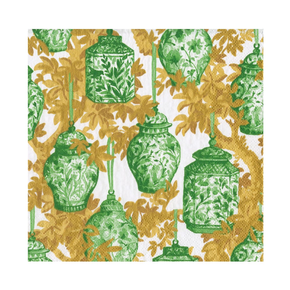 Caspari luncheon napkin featuring green ginger jars and gold foliage on a white background.