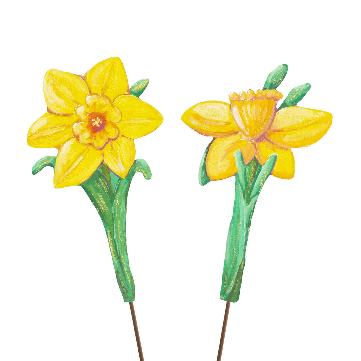 Two decorative yellow daffodils with green stems and brown stakes.