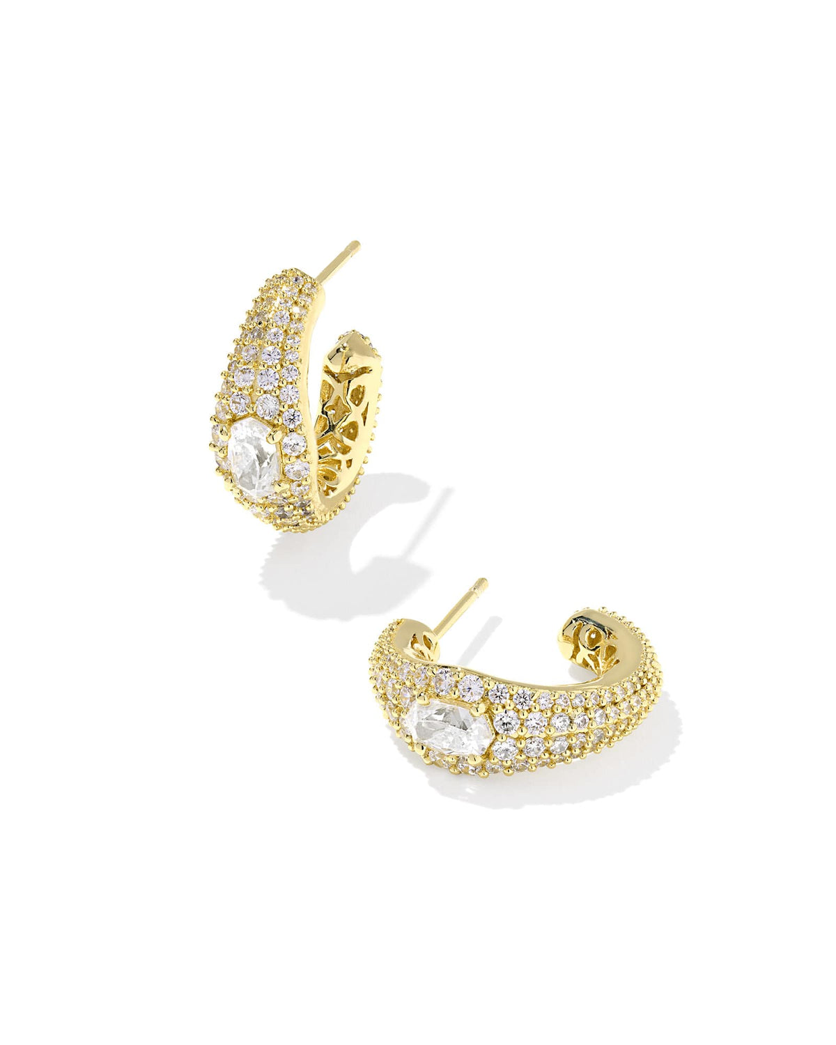 Gold-tone Bella Hoop Earrings with white cubic zirconia pave and a central oval stone.
