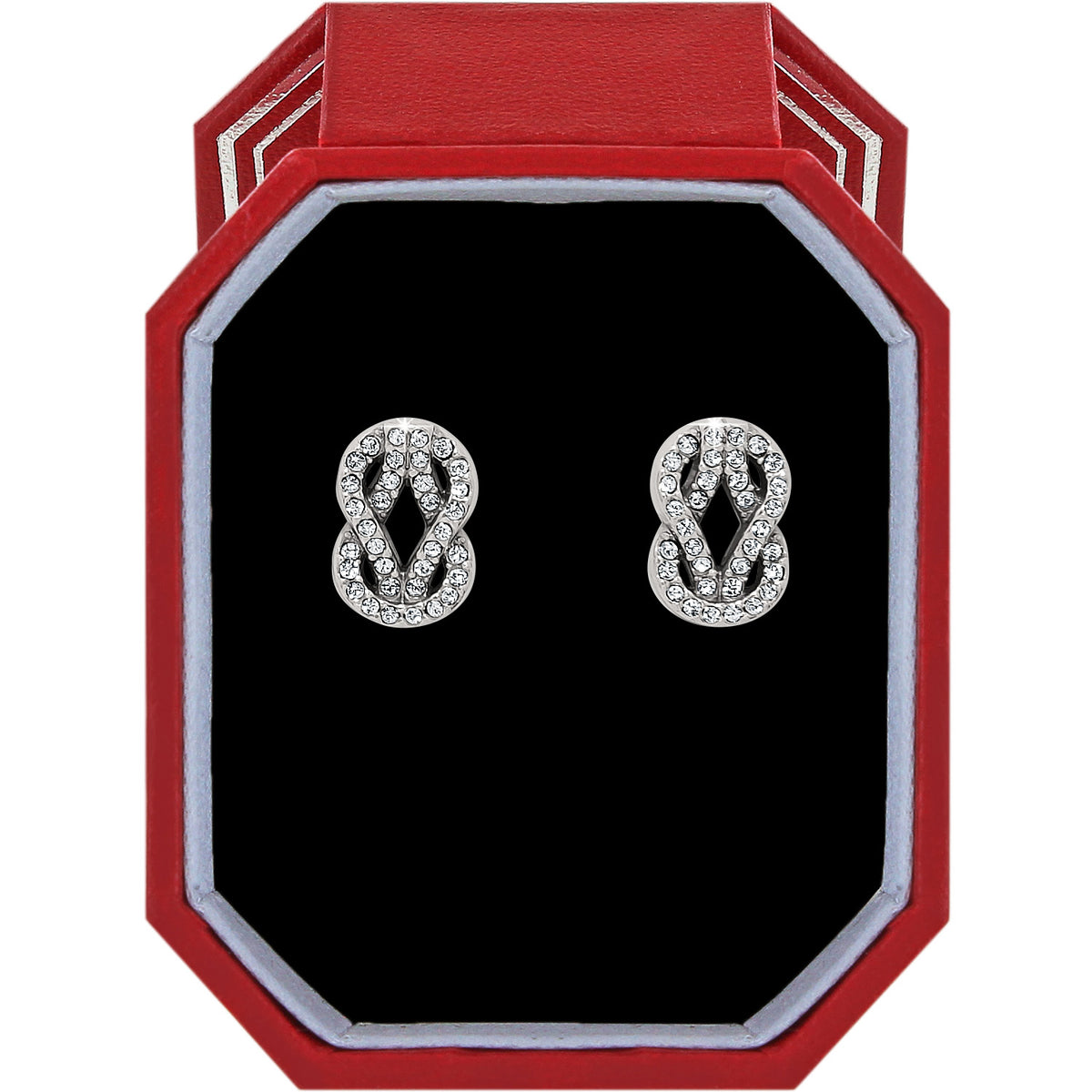 Interlok Harmony Luxe silver-plated post earrings with crystals in a red Brighton gift box.