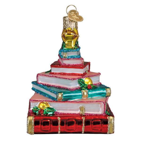 Red tree-shaped ornament with white book spines forming a club circle on glossy finish