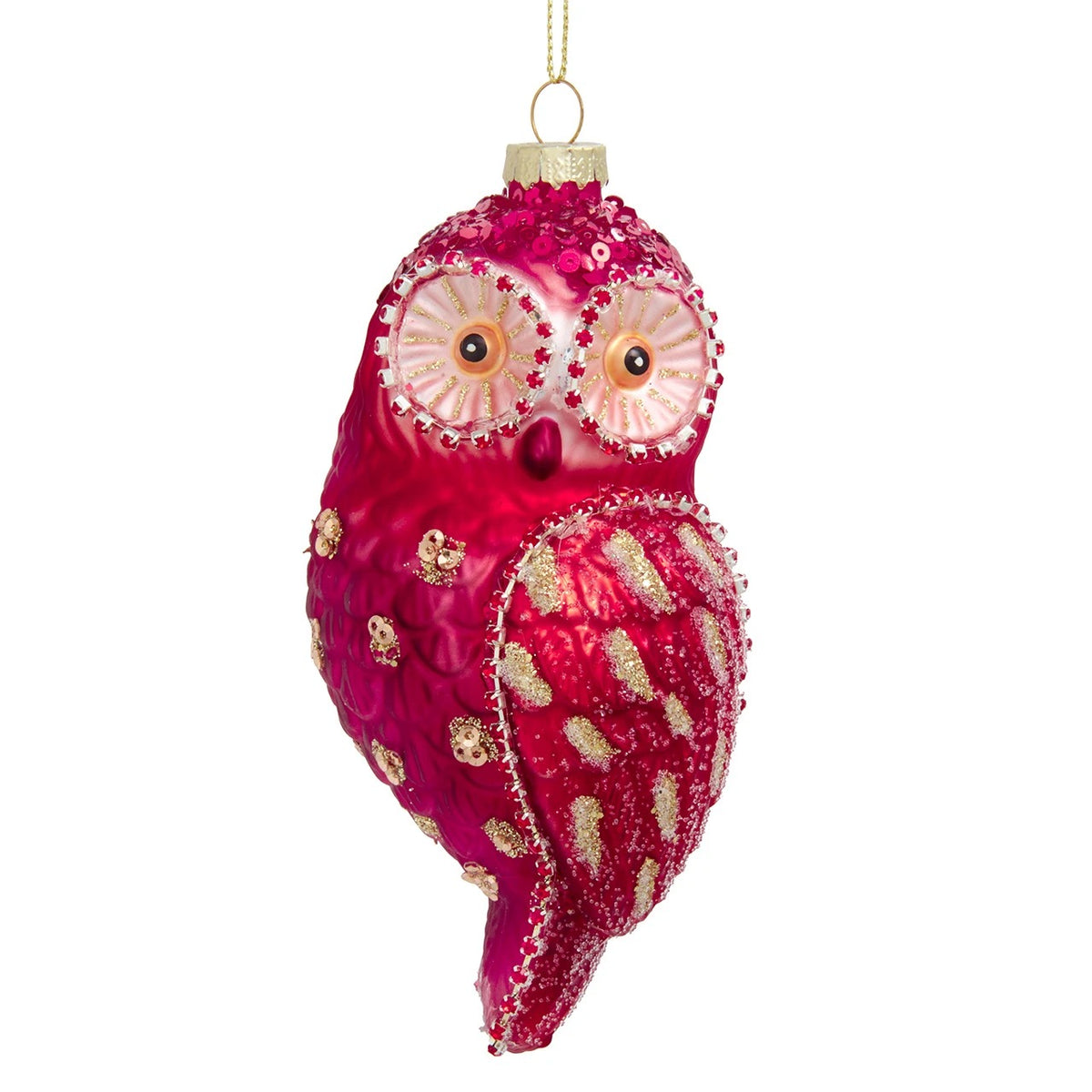 Glass Rosé Red Owl Ornament with sequins, glitter accents, and large decorative eyes.