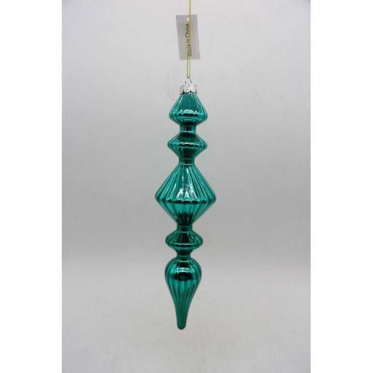 Shiny glass finial ornament with a reflective finish.