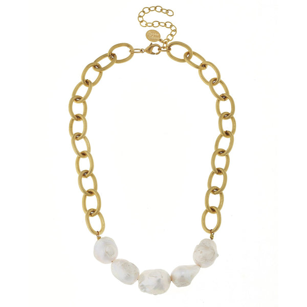 Baroque Pearl Chain Necklace with 24k gold-plated oval links and five white baroque pearls.