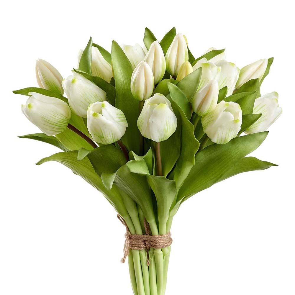 Eleven-point-seven-five-inch tulip bouquet with green stems in a clear glass vase