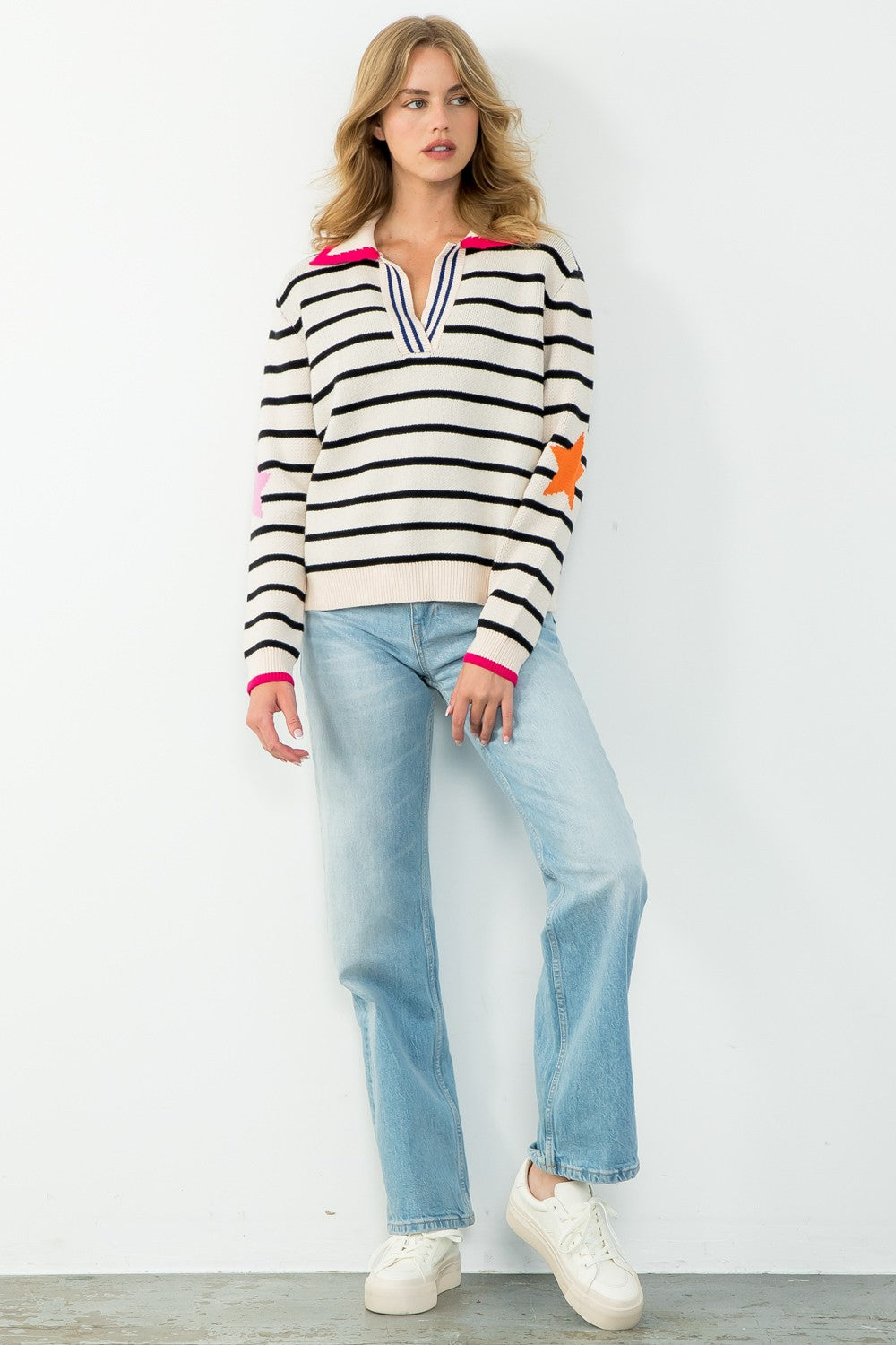 Women's Lydia striped knit sweater with a collared neckline in navy blue.