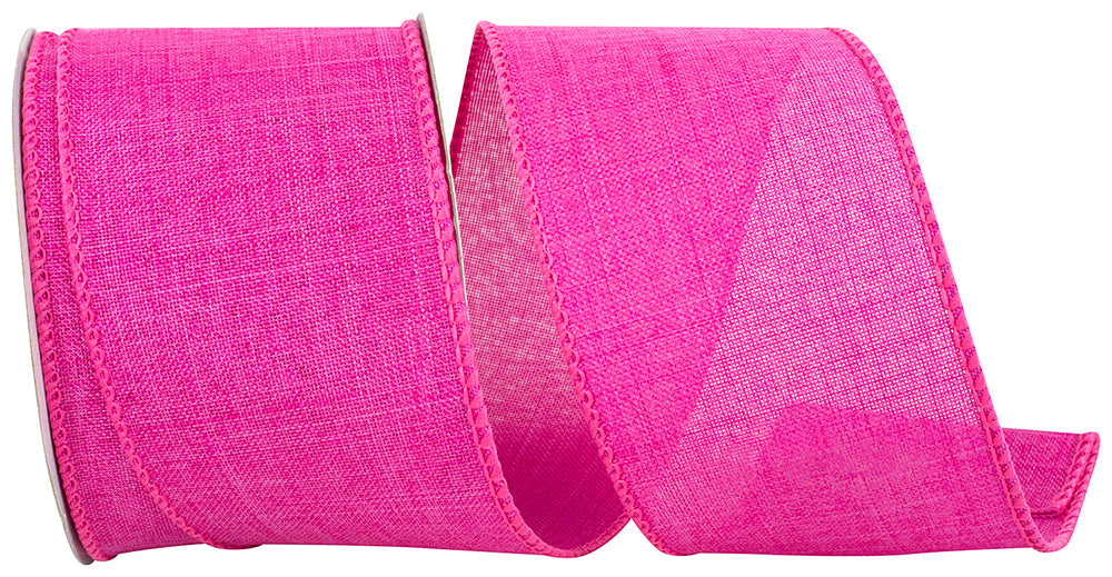 Bright pink 2-1/2 inch wide wired edge linen ribbon on a spool.