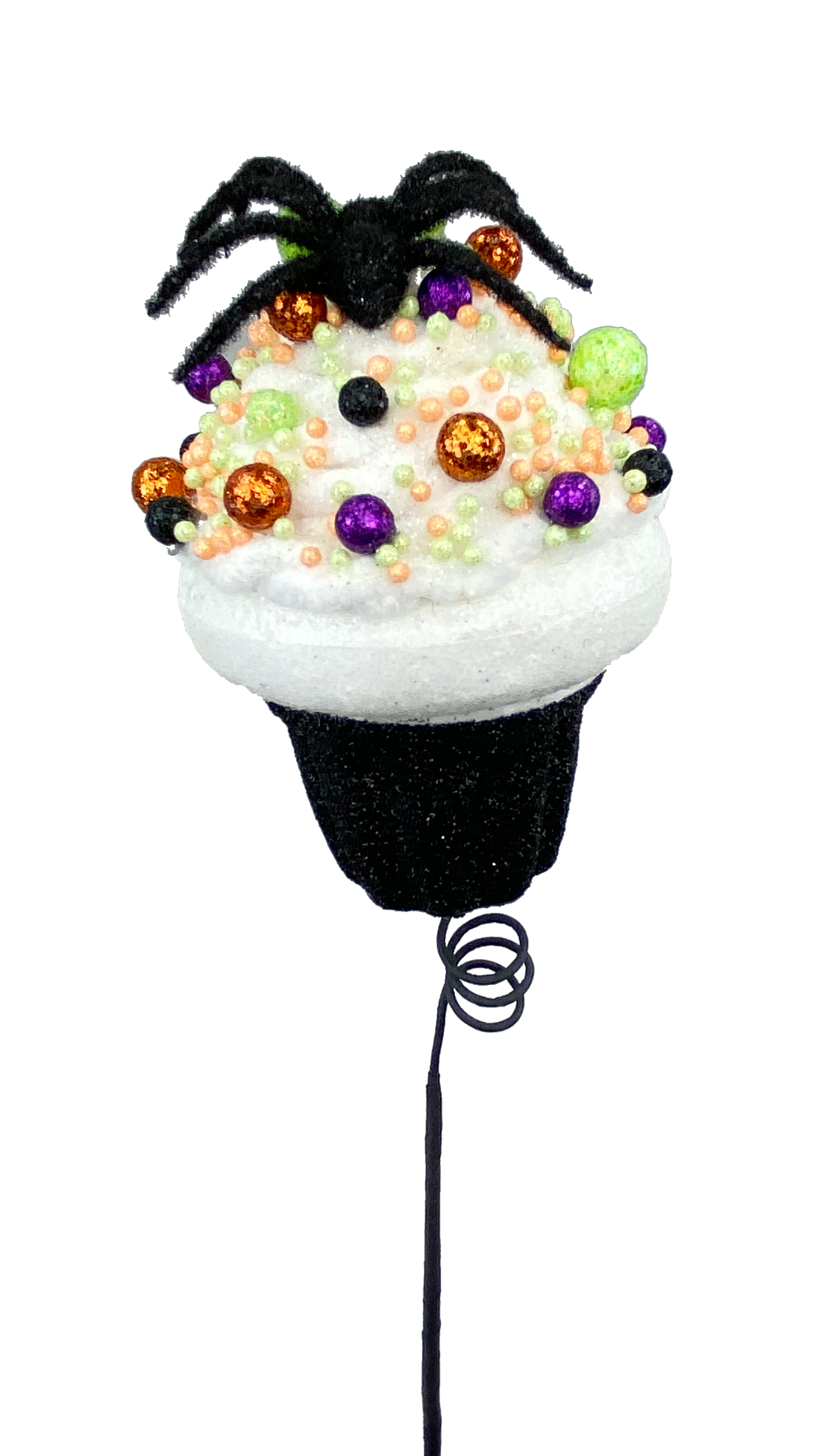 Spider Cupcake Pick with a black base, white icing, colorful glittery sprinkles, and a black spider.