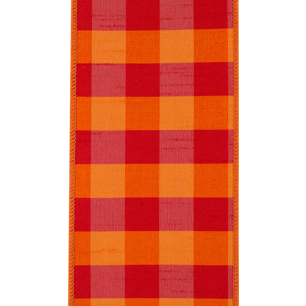4 inch wide orange and red dupioni check gingham wired edge ribbon.