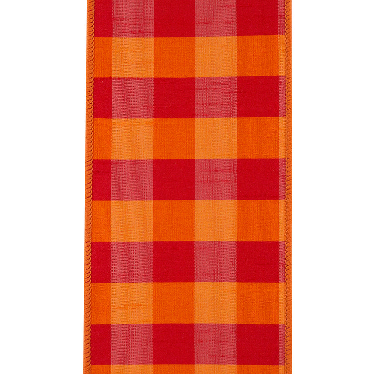 4 inch wide orange and red dupioni check gingham wired edge ribbon.