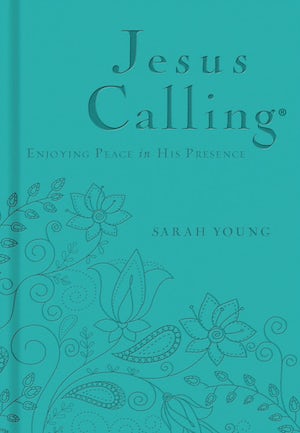 Teal hardcover book titled Jesus Calling with gold lettering on the spine.
